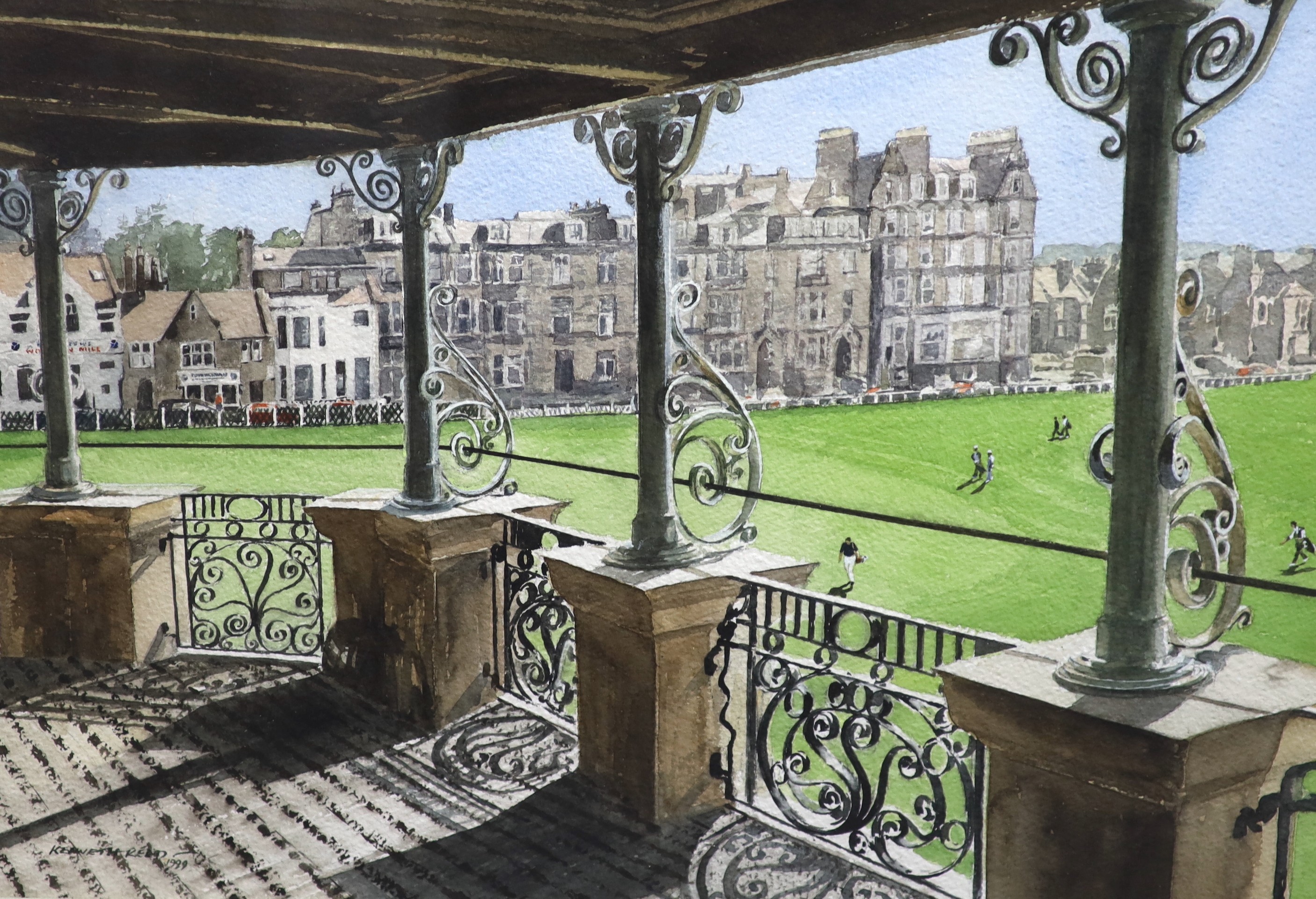 Kenneth Reed (Contemporary British), 'The Balcony, R & A Clubhouse, St Andrews', ink and watercolour